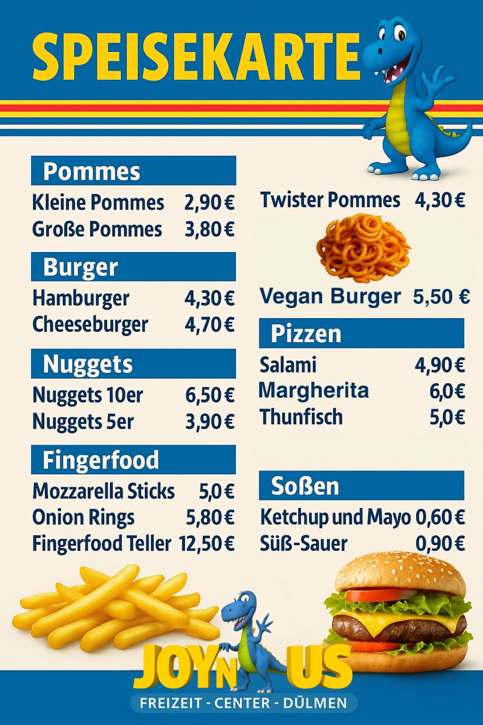Speisekarte mit Dinosaurier- und Burgergrafik, listet verschiedene Speisen und Preise auf, inklusive Pommes, Burger, Nuggets, Fingerfood, Pizza und Saucen, mit einem Hamburger und einem Dinosaurier-Charakter.