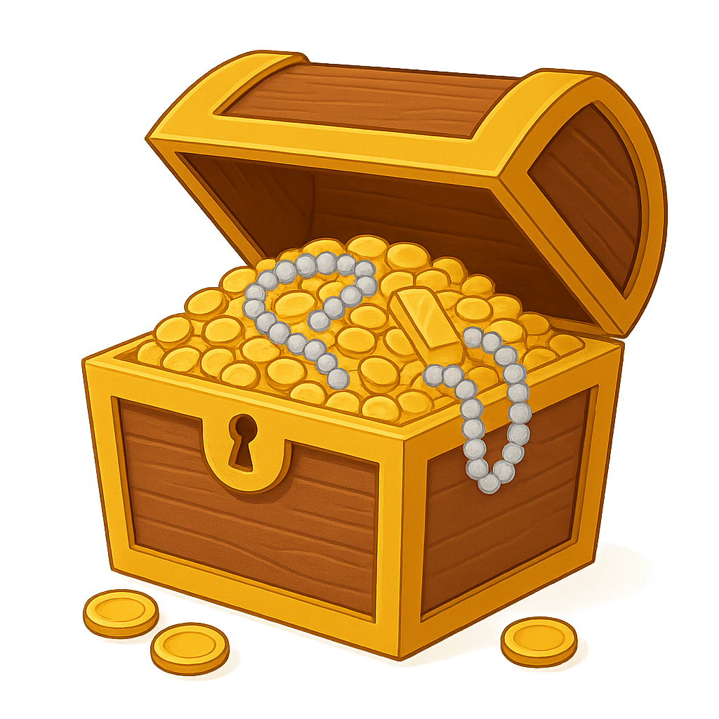 Eine Schatztruhe ist offen, gefüllt mit Goldmünzen und einer Perlenkette
