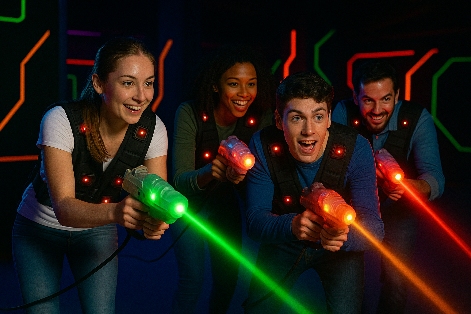 Vier Menschen beim Lasertag-Spiel, lachend und mit Laserpistolen in der Hand, in einer dunklen Arena mit Neonlichtern