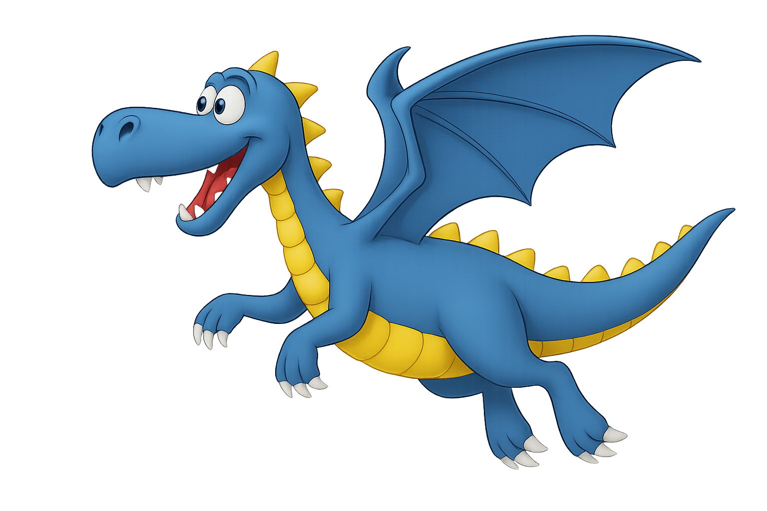 Ein freundlicher, cartoonartiger blauer Drache mit gelber Unterseite und großen, ausdrucksstarken Augen, fliegend mit ausgebreiteten Flügeln.