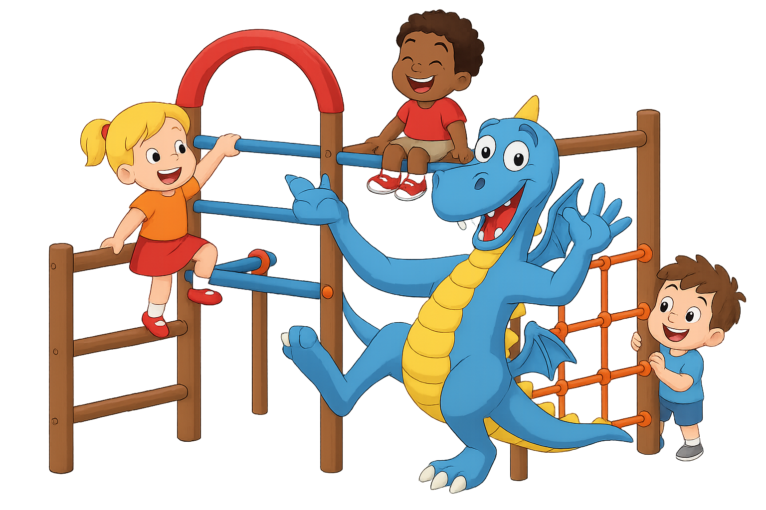 Kinder spielen auf einer Kletteranlage, auf der ein freundlicher blauer Drache sitzt. Die Szene ist hell und fröhlich, Kinder lachen und haben Spaß.
