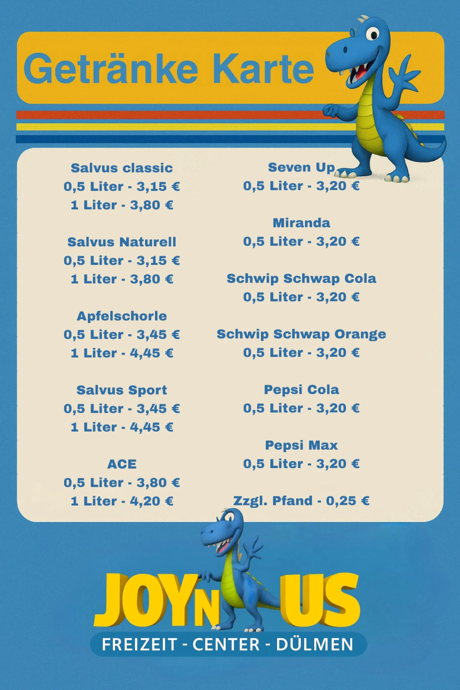 Getränkekarte mit einer blauen Dinosaurier-Figur, die freundlich lächelnd an einer Seite steht, und einem zweiten Dinosaurier am unteren Teil des Bildes. Der Hintergrund ist blau, und der Text ist in gelben und blauen Schriftarten, die verschiedene Getränke und Preise auflisten.