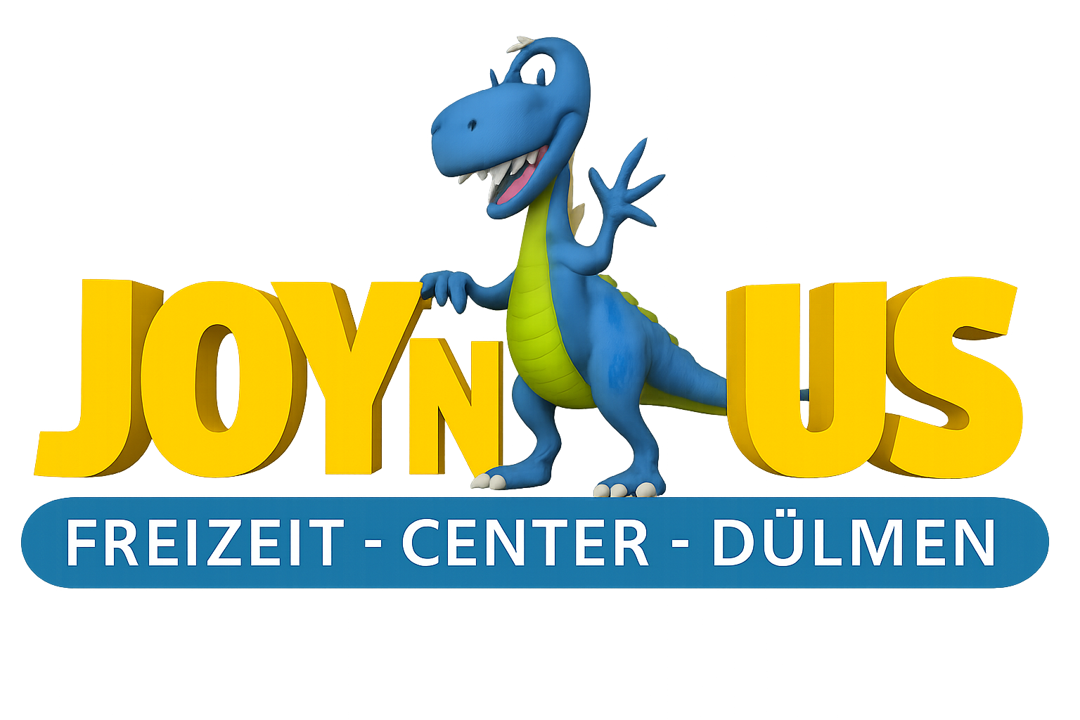 Ein bunter Dinosaurier steht vor der Aufschrift "Joy Us" und hält sich an den Buchstaben fest, während er lächelnd in die Kamera schaut. Darunter befindet sich eine blaue Leiste mit weißen Schriftzügen "Freizeit - Center - Dülmen".