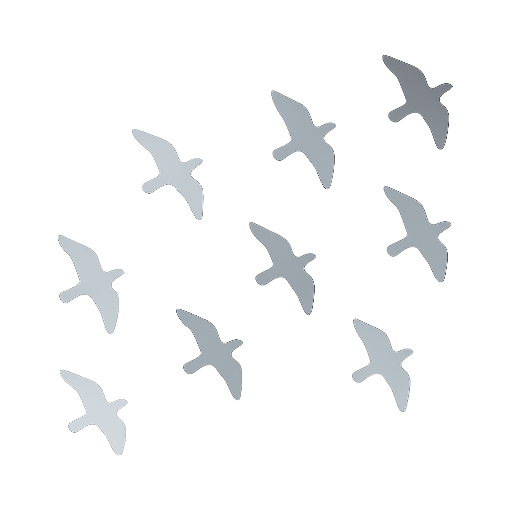 Silhouette von sieben Vögeln in Flugposition, die nach oben fliegen, vor einem dunklen Hintergrund.