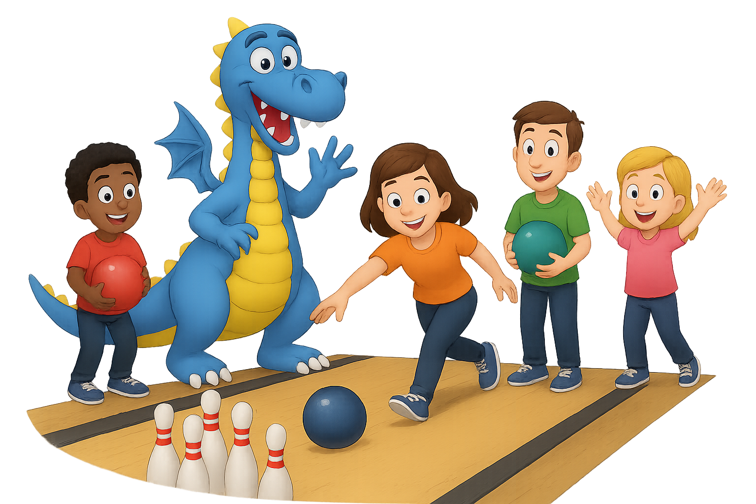 Eine Gruppe von Kindern beim Bowling, mit einem freundlichen blauen Dinosaurier im Hintergrund, in einem bunten Bowlingzentrum.