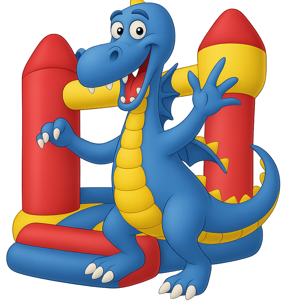 Ein cartoonartiger blauer Drache mit gelben Akzenten vor einem roten und gelben Bogen. Der Drache lächelt freundlich und winkt.