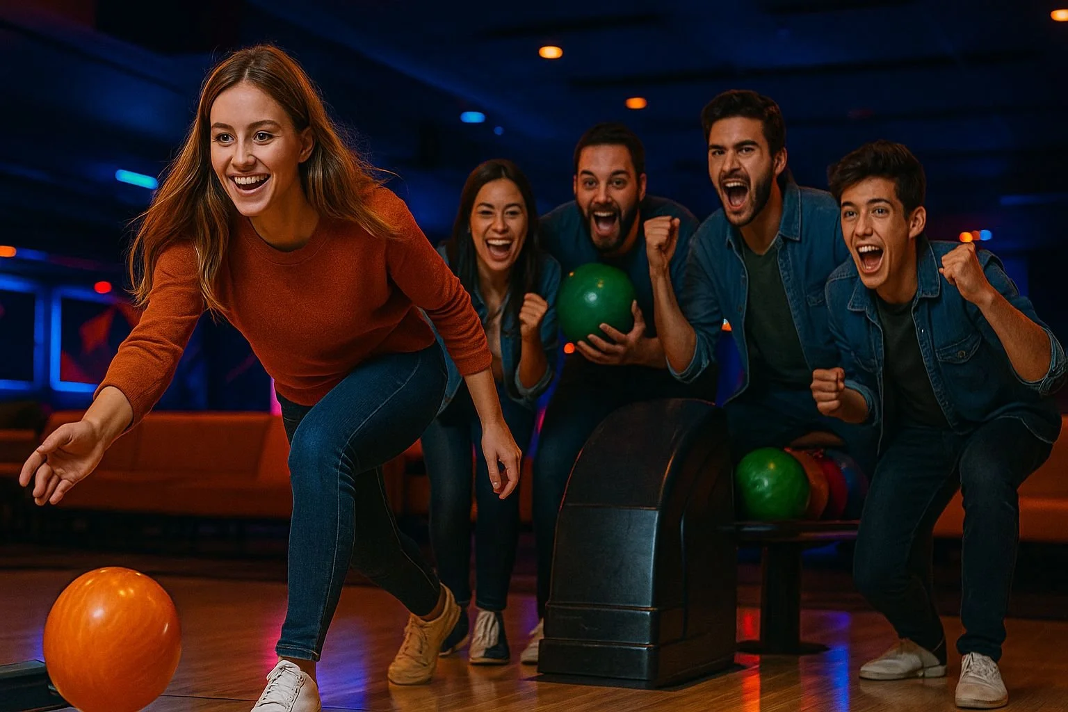 Eine Gruppe von fünf Menschen beim Bowlen, alle jubeln und freuen sich.