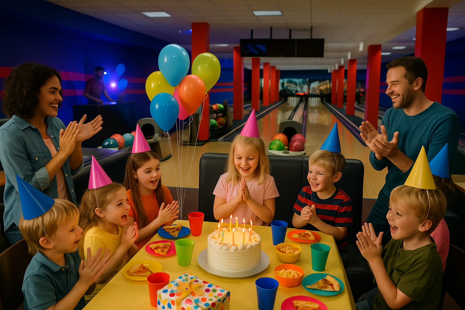 Kinder feiern Geburtstag in einer Bowlinghalle mit Kuchen, Pizza, bunten Ballons, Partyhüten und lachenden Erwachsenen.