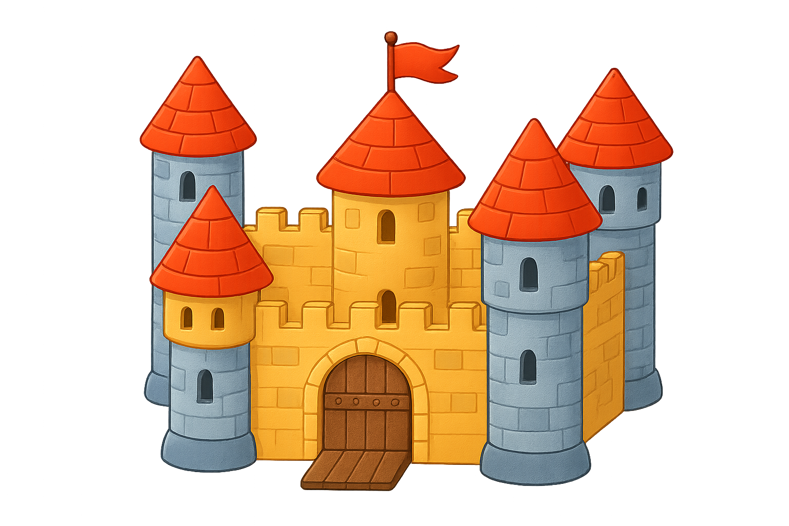 Spielzeug-Schloss mit drei Türmen, gelbem Hauptturm mit rotem Banner, blauen Türmen, rotem Ziegeldach, Holztor, auf einer grauen Oberfläche.