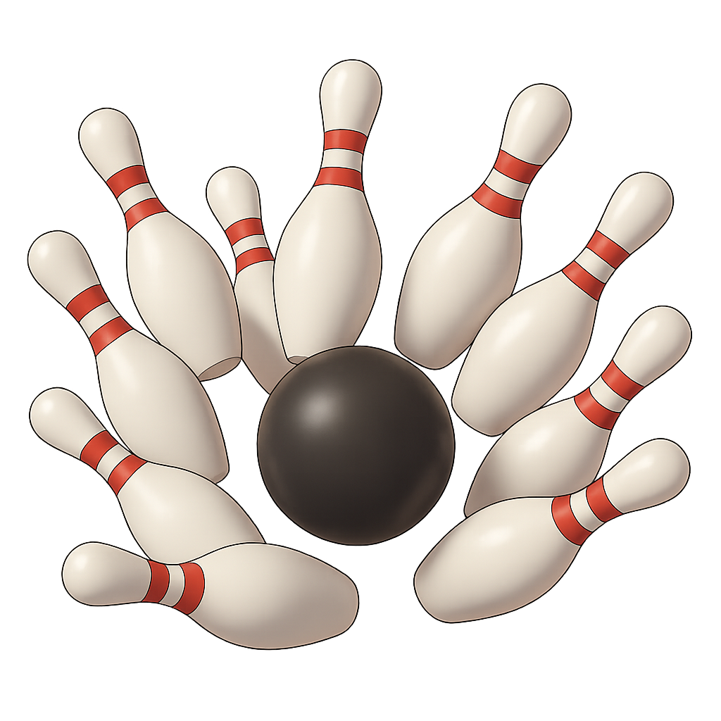 Bowlingkegel, die bei einem Bowlingspiel um eine schwarze Kugel gruppiert sind.