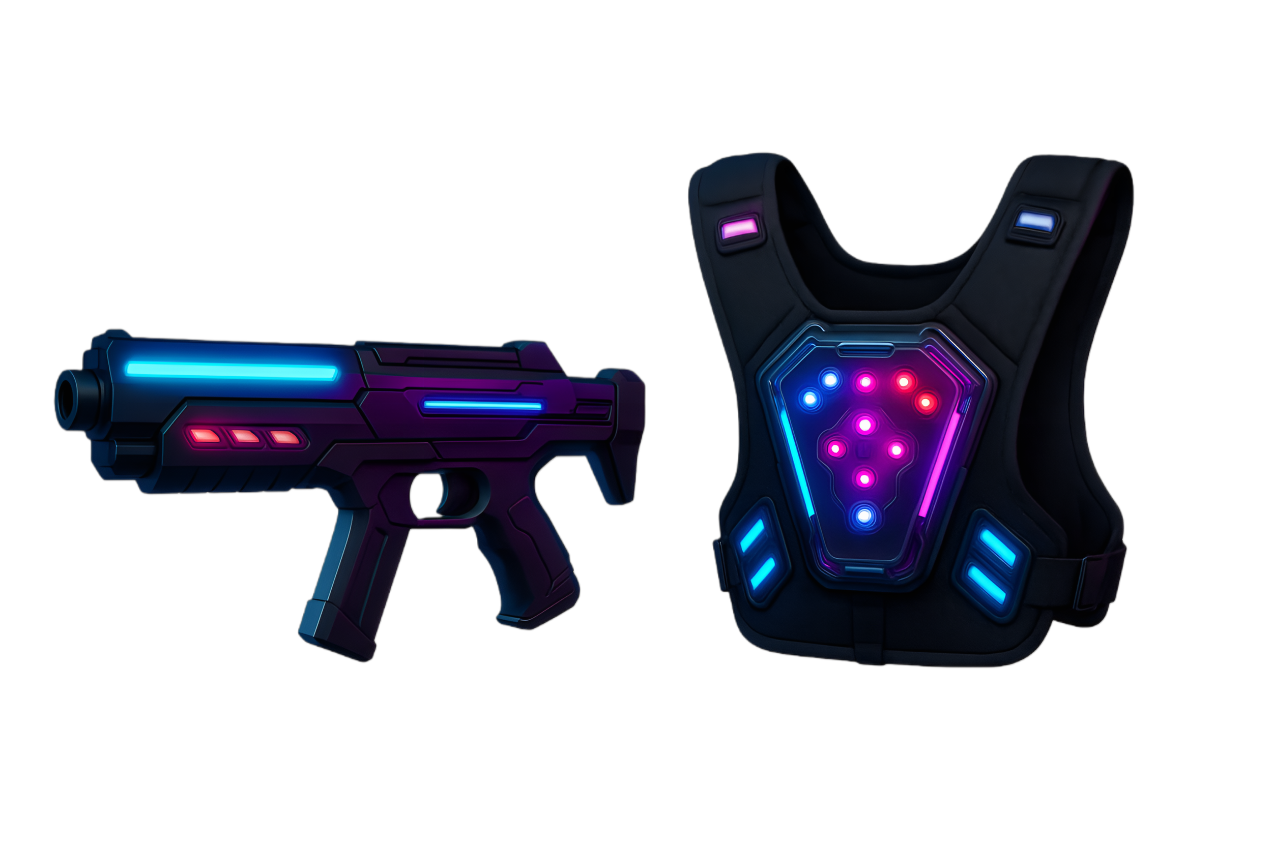 Eine futuristische, leuchtende Waffe und eine Rüstung mit Neonlichtern in Blau, Pink und Lila auf schwarzem Hintergrund.