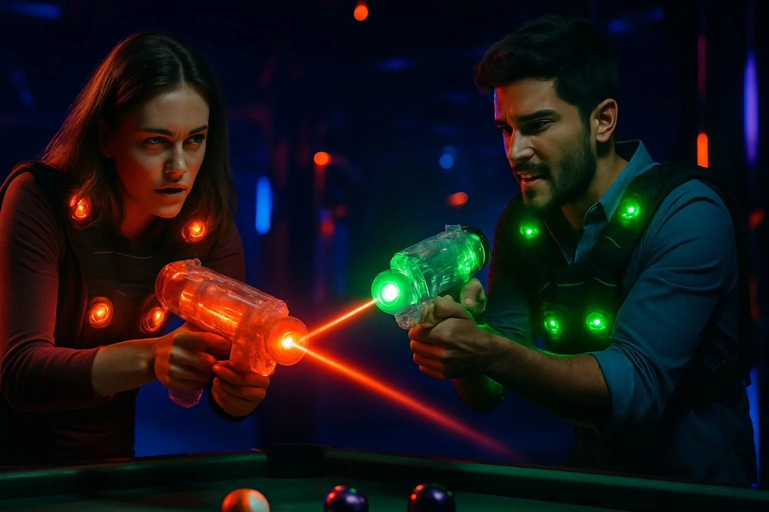 Ein Mann und eine Frau spielen eine Laser-Tag- oder Paintball-Spiel im Dunkeln, beide tragen leuchtende Ausrüstung und halten Laserpistolen.