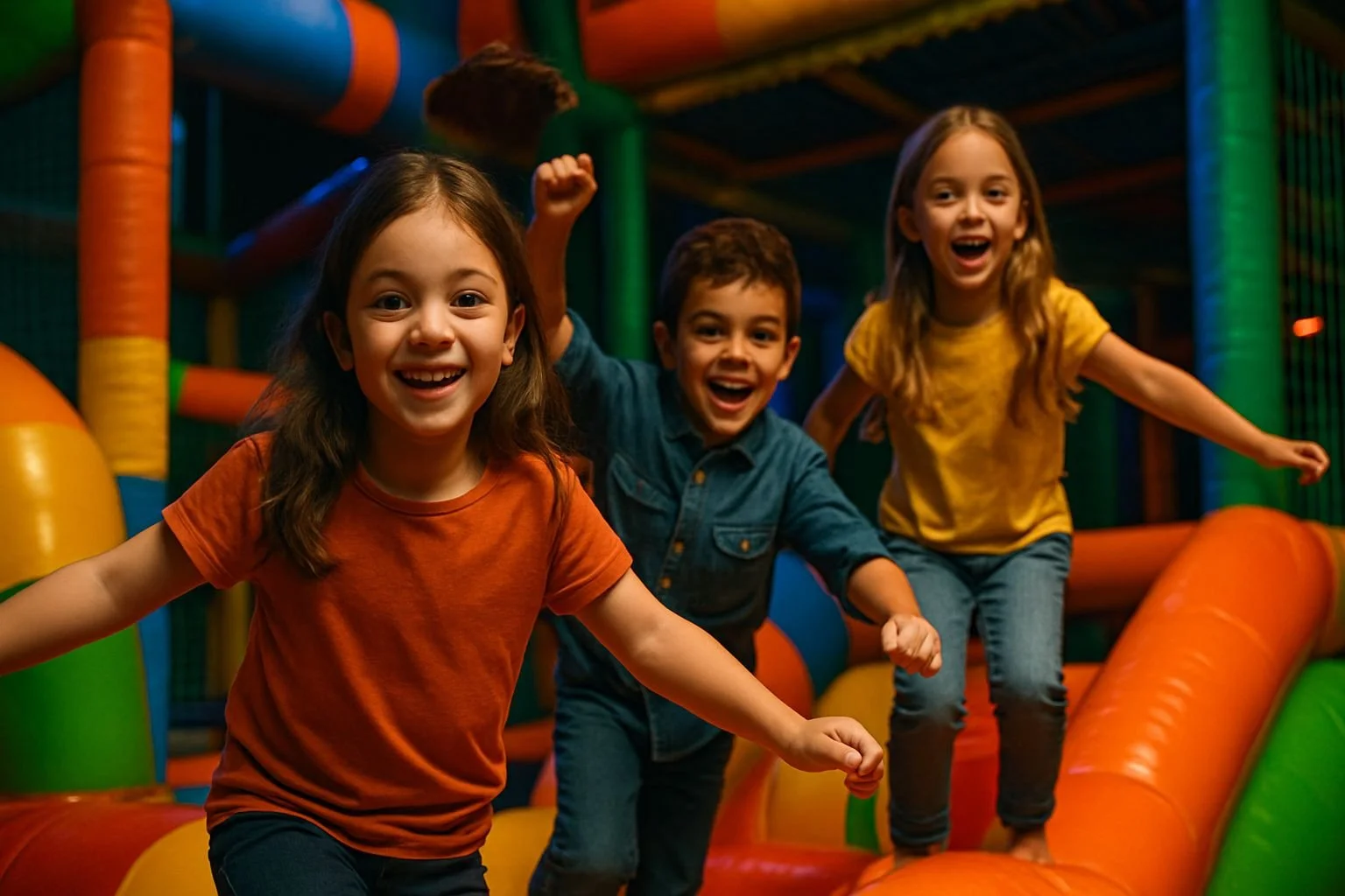 Drei lachende Kinder spielen in einer bunten Indoor-Spielhalle, die aus weichen, runden, mehrfarbigen Polstern besteht.