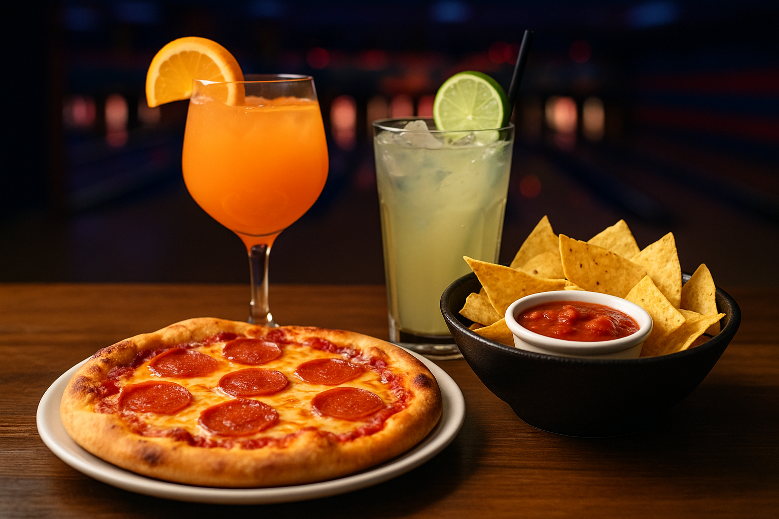 Pizza mit Pepperoni, zwei Cocktails mit Limetten und Orange, Chips mit Salsa-Dip auf einem Holztisch bei Nacht.