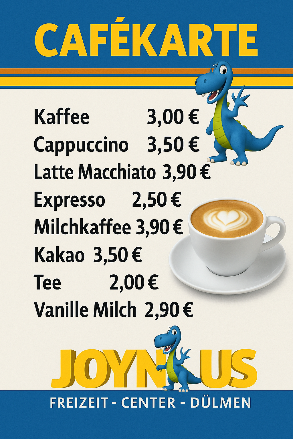 Speisekarte für Kaffee und Getränke mit Preisen, abgebildet mit einem Dinosaurier-Charakter und einer Tasse Kaffee mit Herz-Latte-Art, im Freizeitcenter Dülmen.