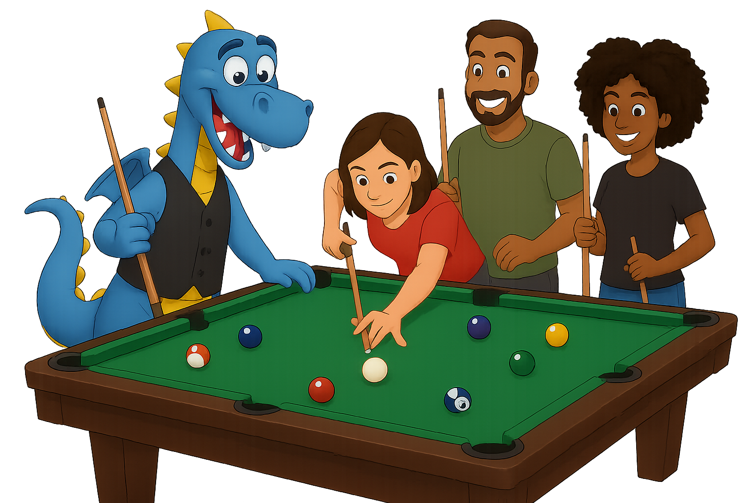Eine Gruppe von vier Menschen und ein anthropomorpher blauer Dinosaurier spielen Billard in einer Bar oder Spielhalle, während der Dinosaurier einen Billardstock hält.