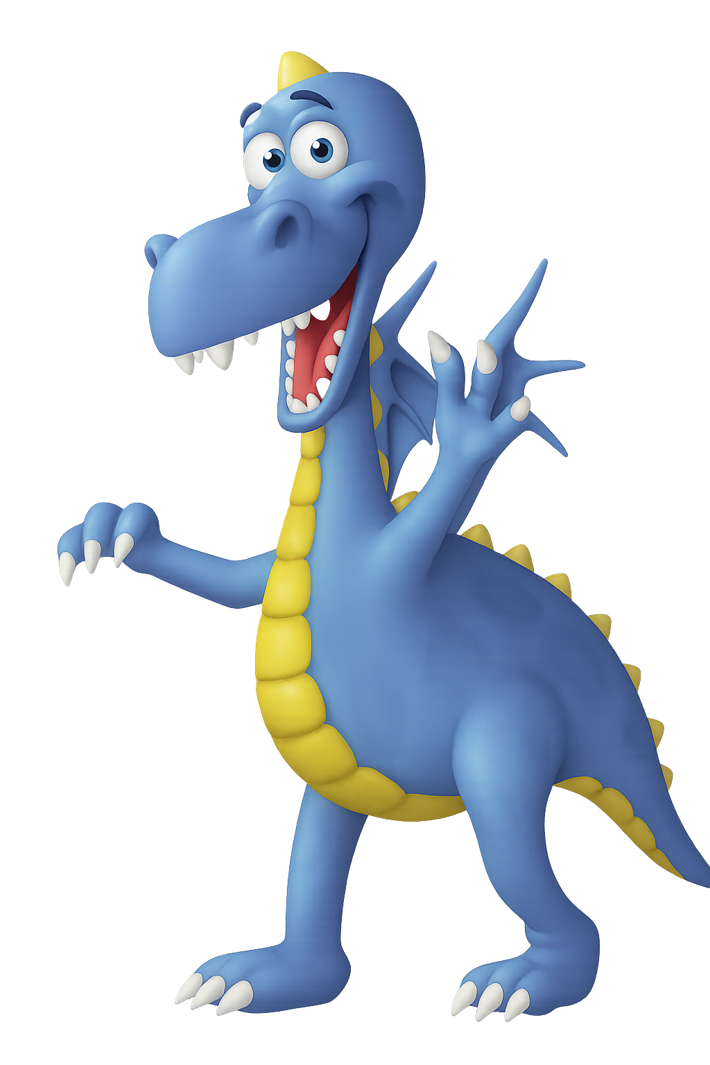 Cartoon-Drachen, der grinsen, mit gelbem Bauch und Rücken, blauen Körper, auf einer Bühne mit bunten Lichtern.