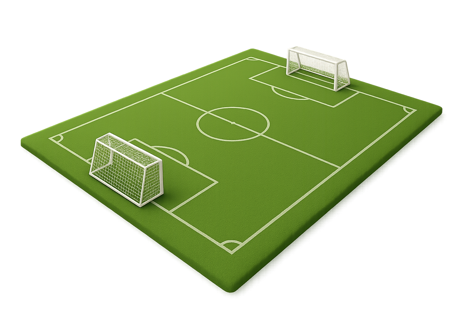 Ein Miniatur-Fußballfeld mit zwei Toren auf einer grünen Oberfläche.