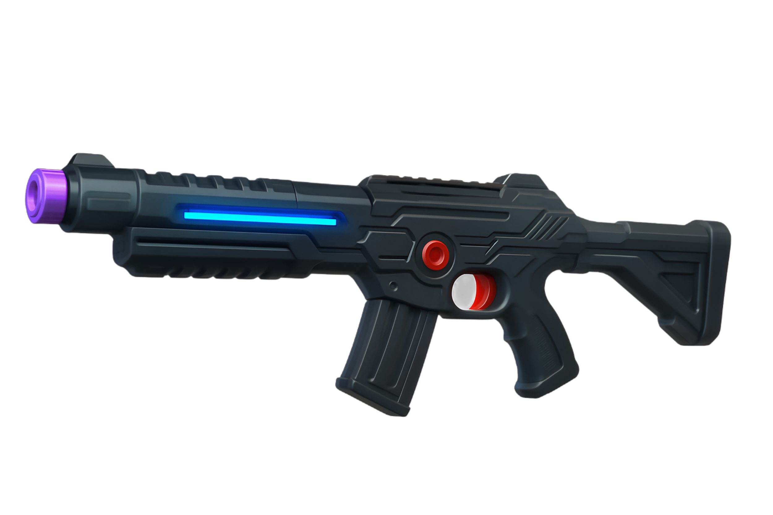 Futuristische Spielzeugpistole mit schwarzen, blauen, roten und lila Details.
