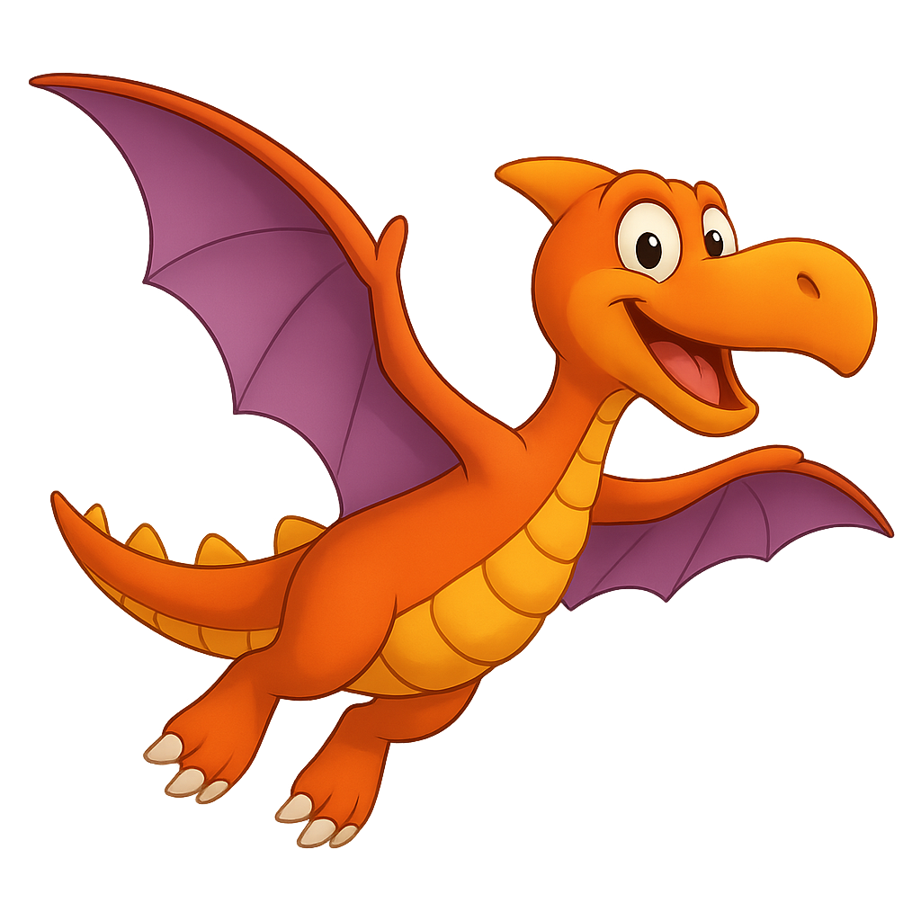 Ein cartoonartiger, lachender, orange Drachen mit Flügeln und einem breiten Mund.