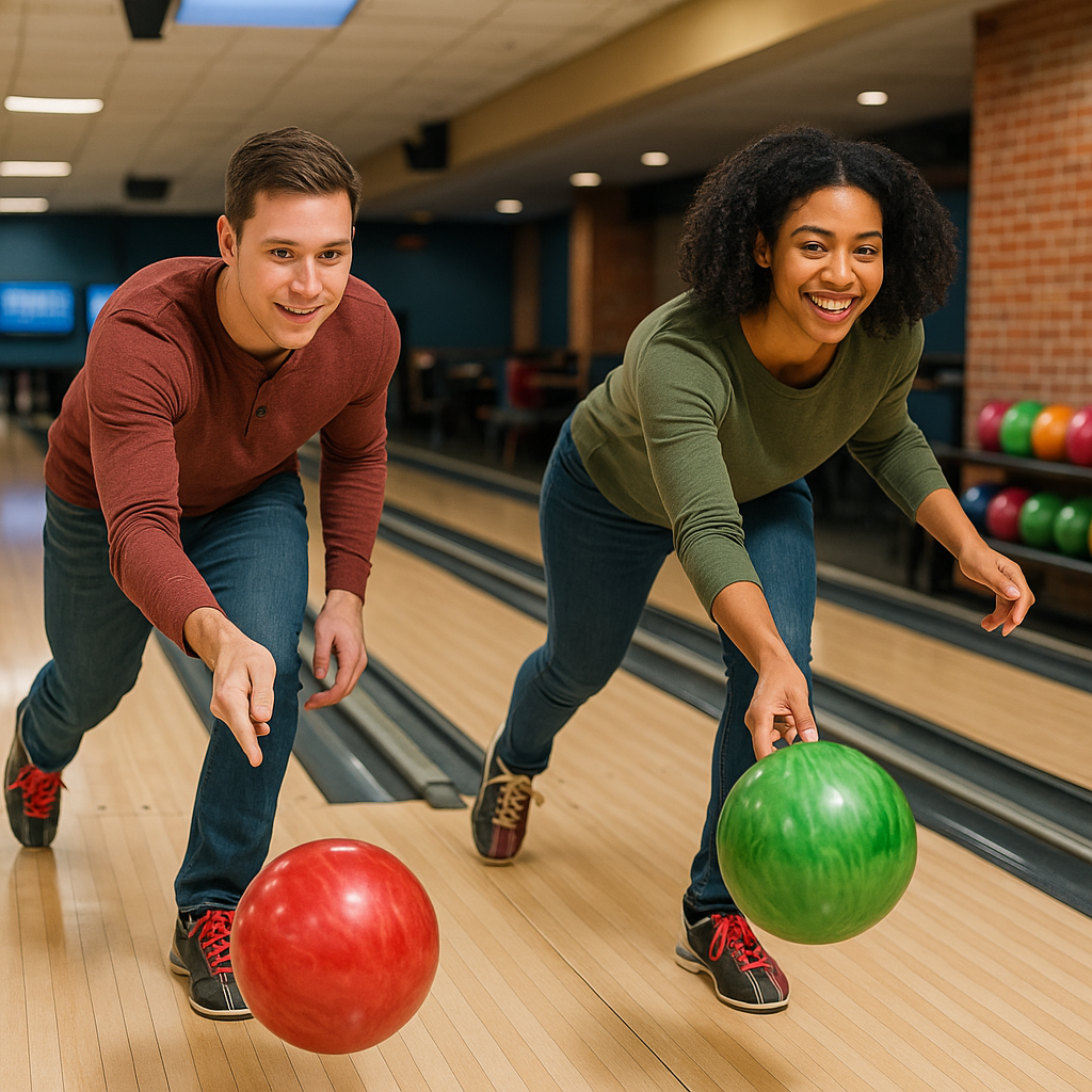 Zwei Menschen beim Bowling, die einen Ball werfen und auf den Wurf gespannt sind.
