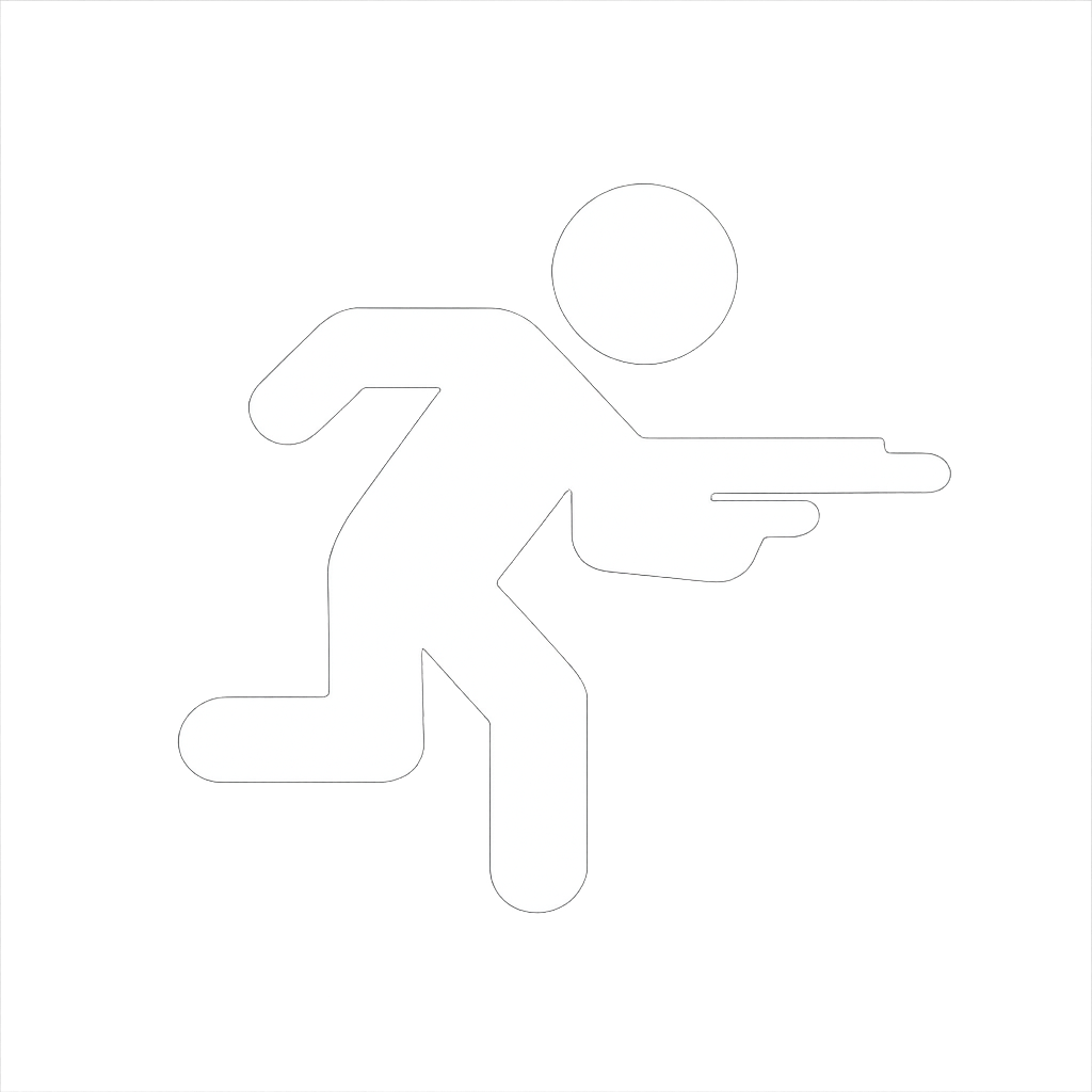 Ein schwarz-weiß-Symbol eines Menschen in Lauftellung, der eine Waffe in den Händen hält.