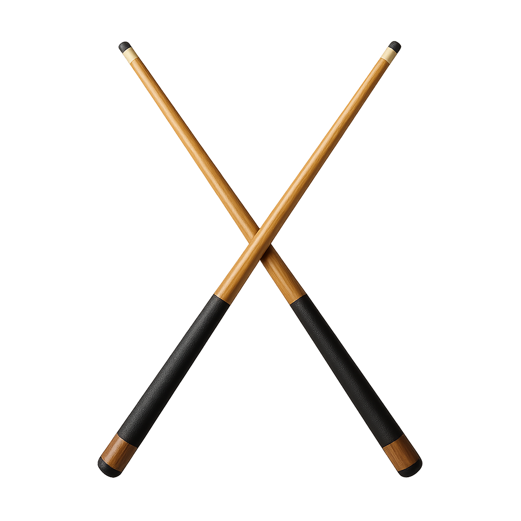 Zwei Holz-Schläger, die sich kreuzen, mit schwarzen Griffen und schwarzen Enden, auf einem schwarzen Hintergrund.