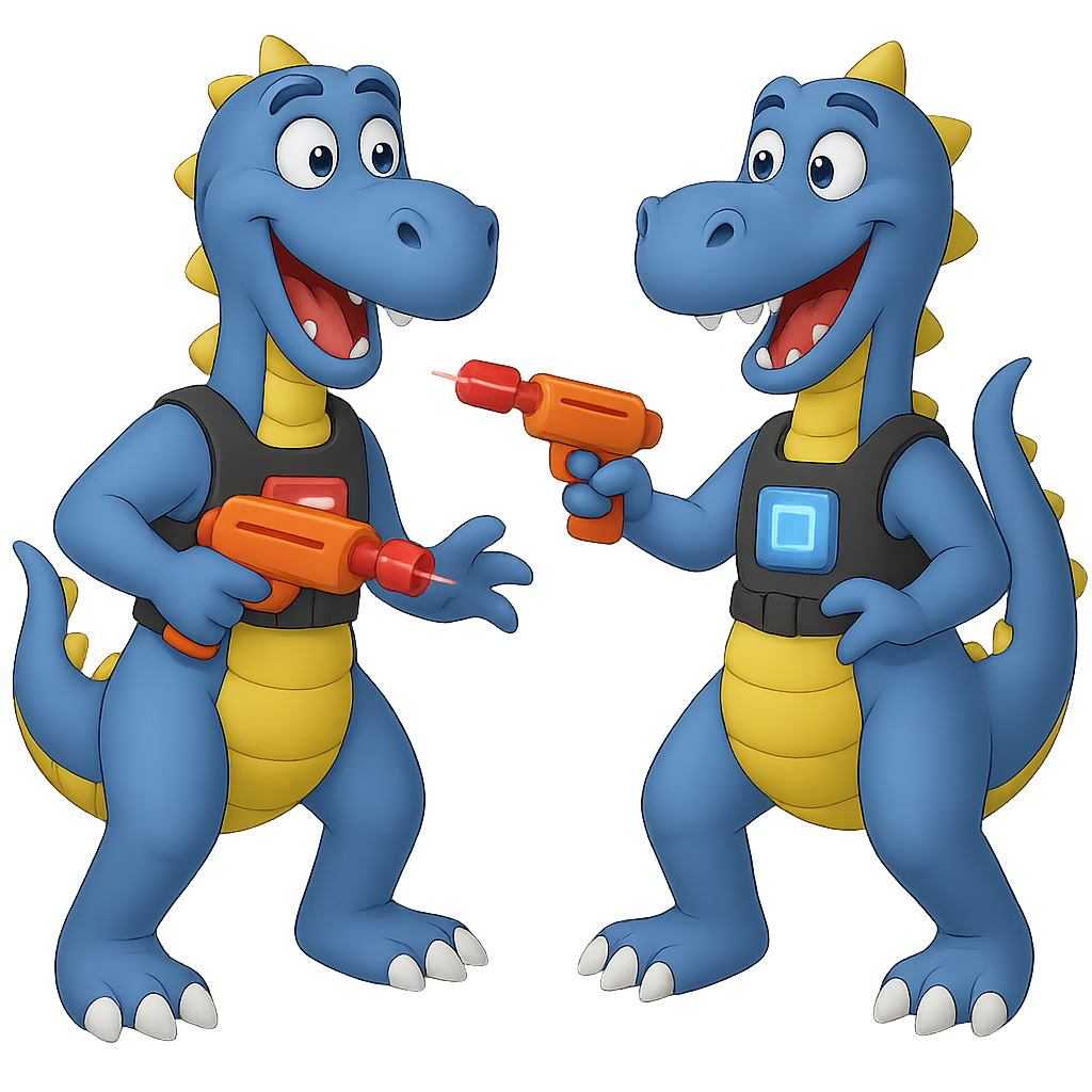 Zwei anthropomorphe Dinosaurier mit Bootsmotoren im Oberkörper, die Wasserpistolen halten, lachend und sich gegenüberstehen.