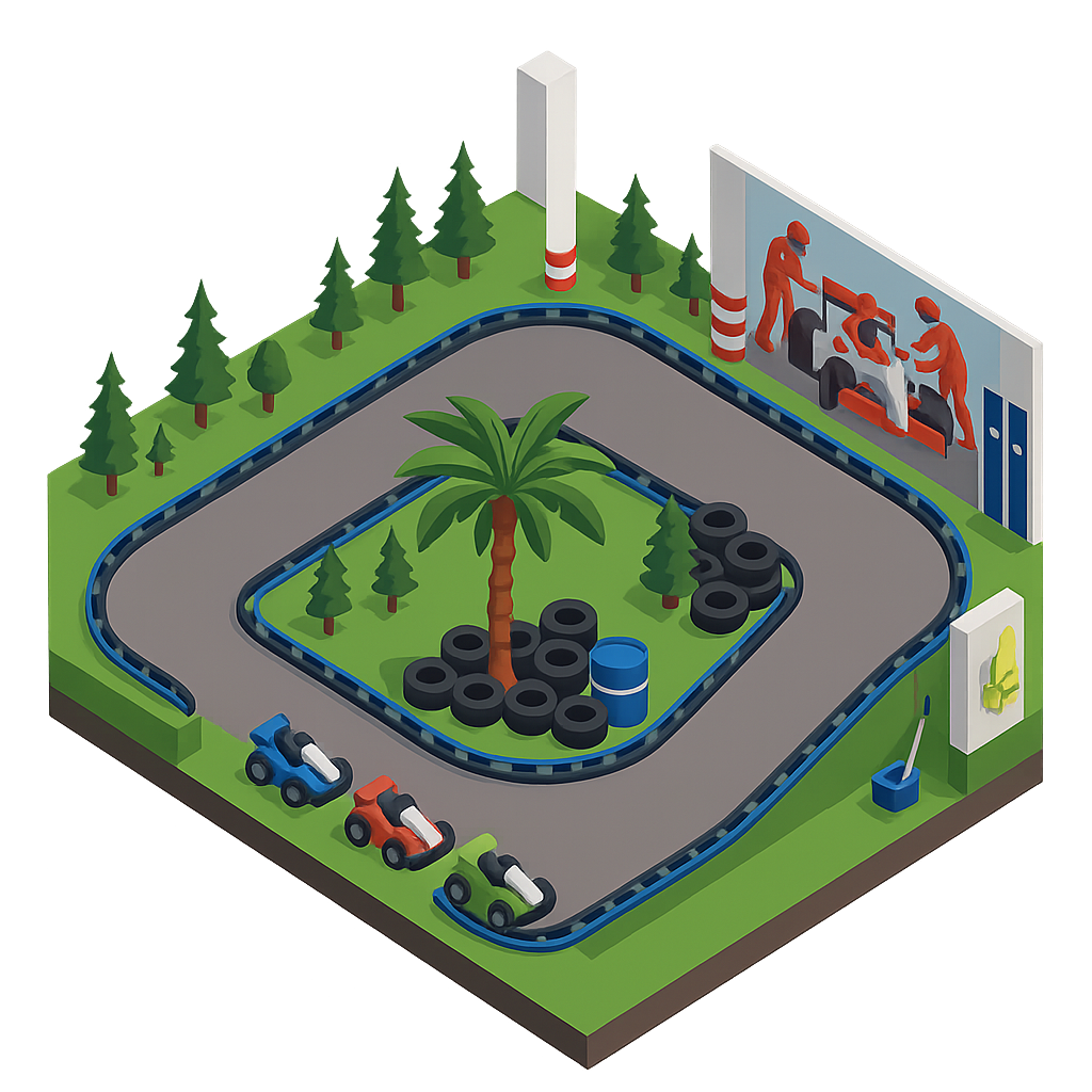 Eine Miniaturrennstrecke mit einem grünen Bereich in der Mitte, auf dem sich eine Palme und kleine Bäume befinden, umgeben von einer Rennbahn mit kleinen Spielautos, sowie einem Baumarkt mit Bauarbeitern, die an einem Bauprojekt arbeiten.