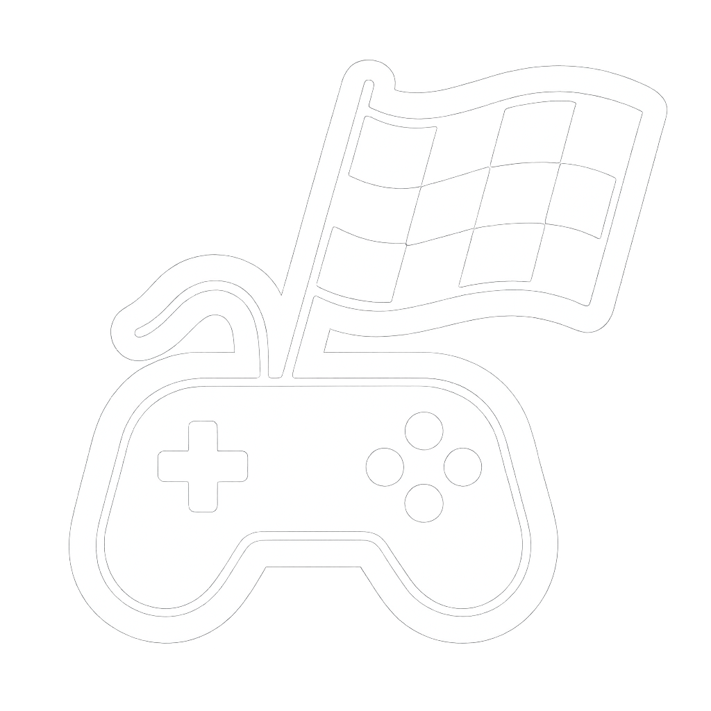 Symbolbild eines Videospiel-Controllers mit einer Flagge, die an einen Rennwagen erinnert, auf schwarzem Hintergrund.