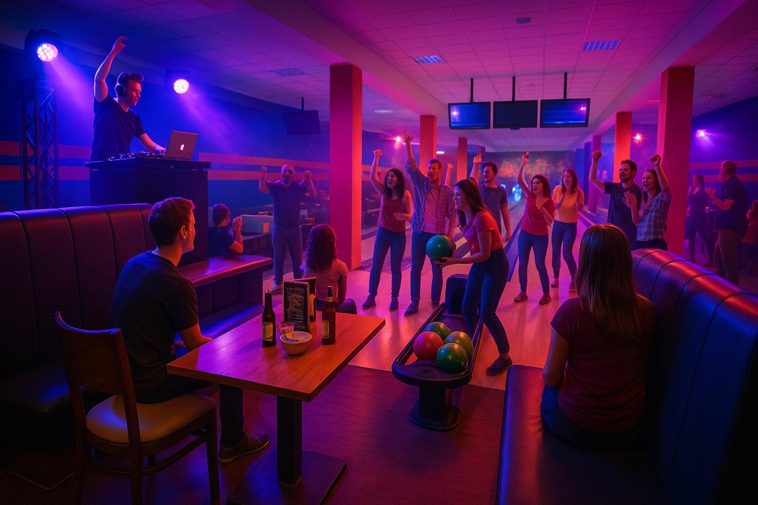 Menschen tanzen und feiern in einer Diskothek mit buntem Licht, während ein DJ auf einem Podest Musik auflegt.