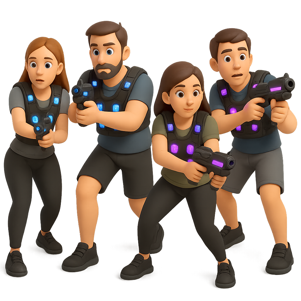 Vier cartoonartige Menschen, die Laserpistolen halten und in einer Action-Position stehen. Sie tragen schwarze Westen mit leuchtenden blauen und lila LEDs.