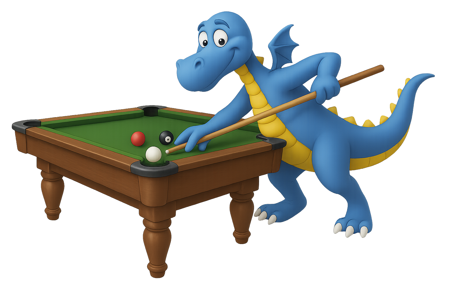 Ein blauer Drache spielt Billard an einem Tisch.