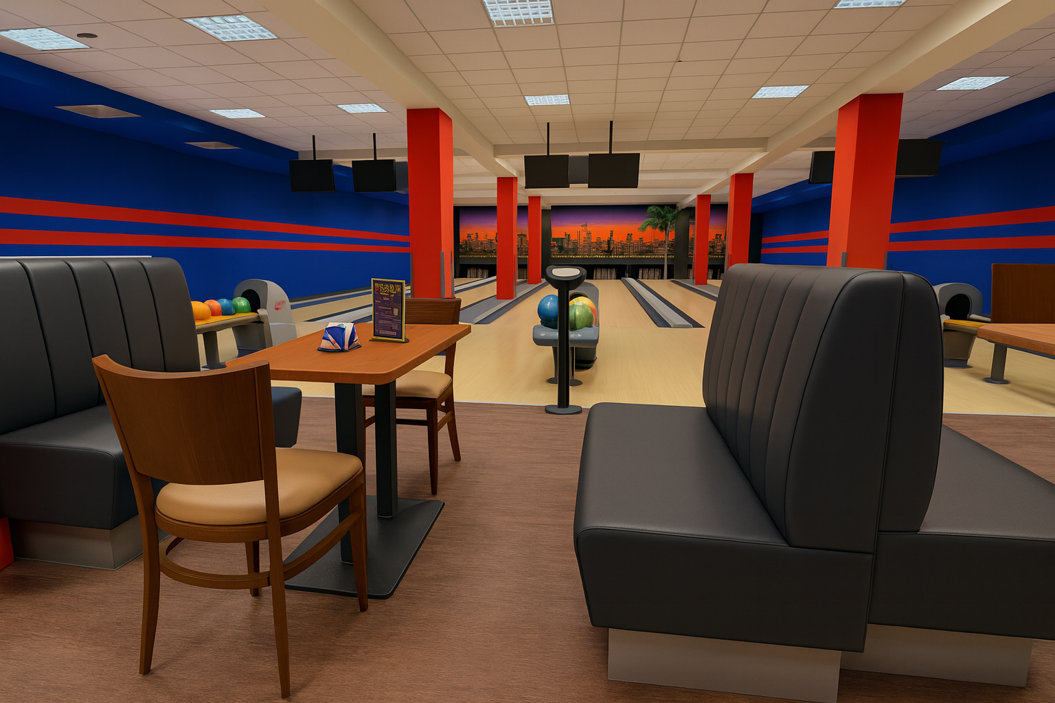 Innenaufnahme einer Billardhalle mit mehreren Bowlingbahnen und Sitzgelegenheiten