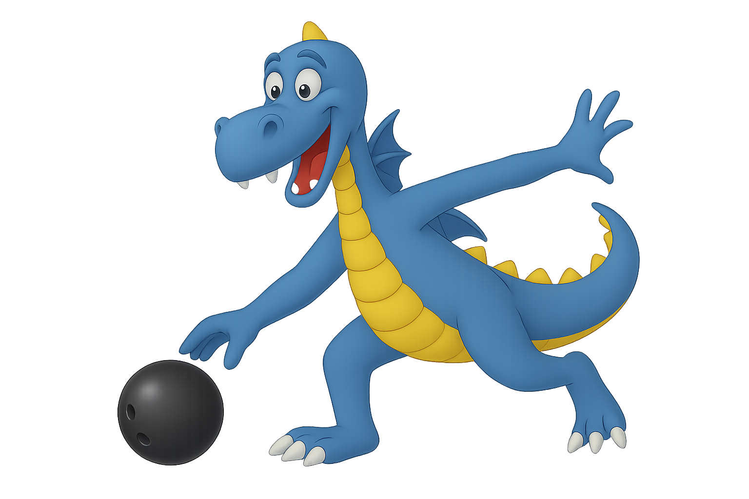 Ein cartoonartiger blaue Drache mit gelbem Bauch, der mit einem schwarzen Bowlingball spielt.