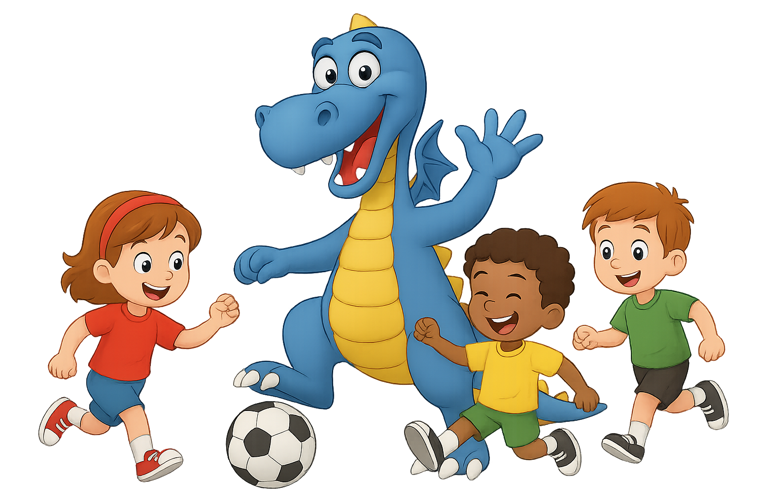 Drei Kinder spielen mit einem blauen Dinosaurier im Sportoutfit, der einen Fußball anstarrt. Die Kinder lachen und jubeln, während sie um den Dinosaurier herum laufen.