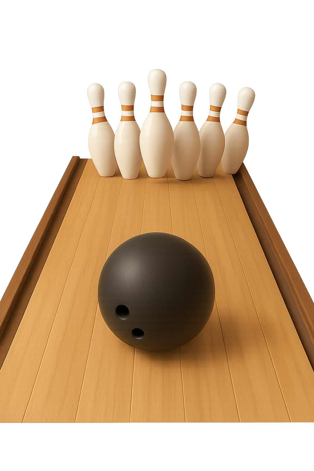 Bowlingkugel vor einer Aufstellung von sieben Bowlingkegeln auf der Bahn, im Hintergrund blaue und rote Lichter.