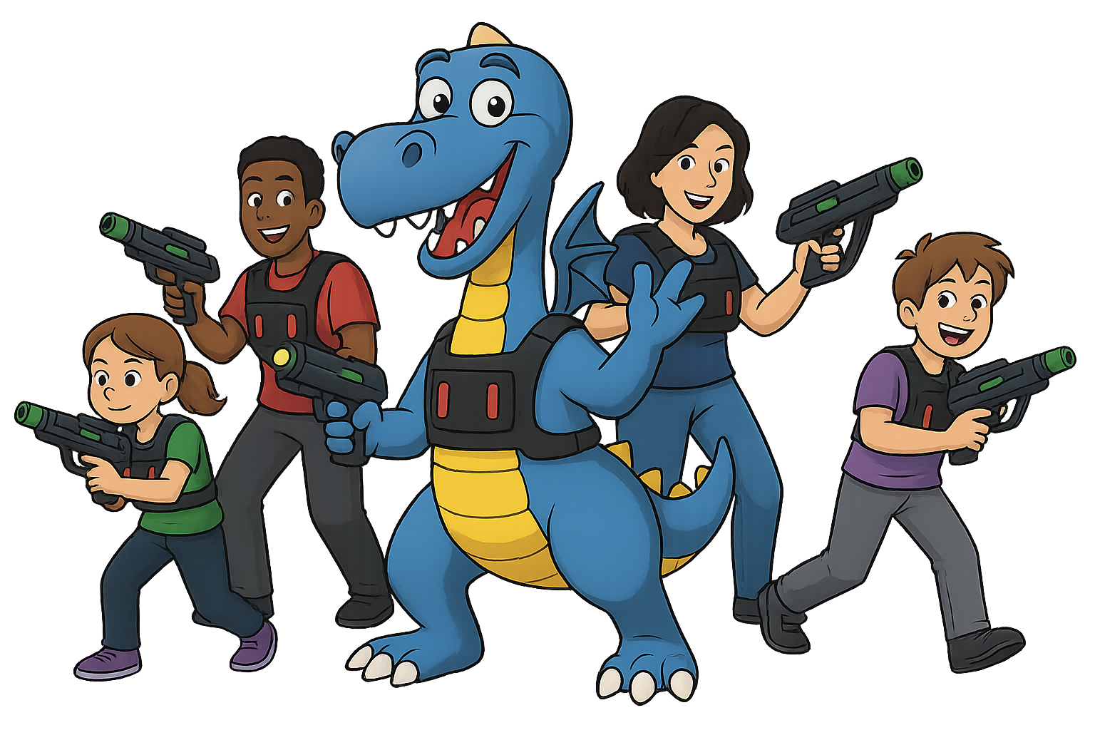 Vier Kinder und ein freundlicher Dinosaurier mit Laserpistolen, bereit zum Spielen im Sci-Fi-Stil.