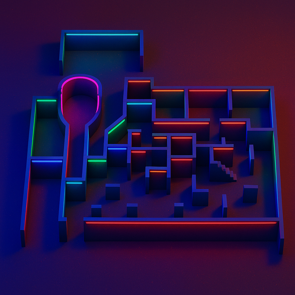 Ein 3D-Modell einer komplexen, abstrakten Struktur mit bunten Neonlichtern auf dunklem Hintergrund.