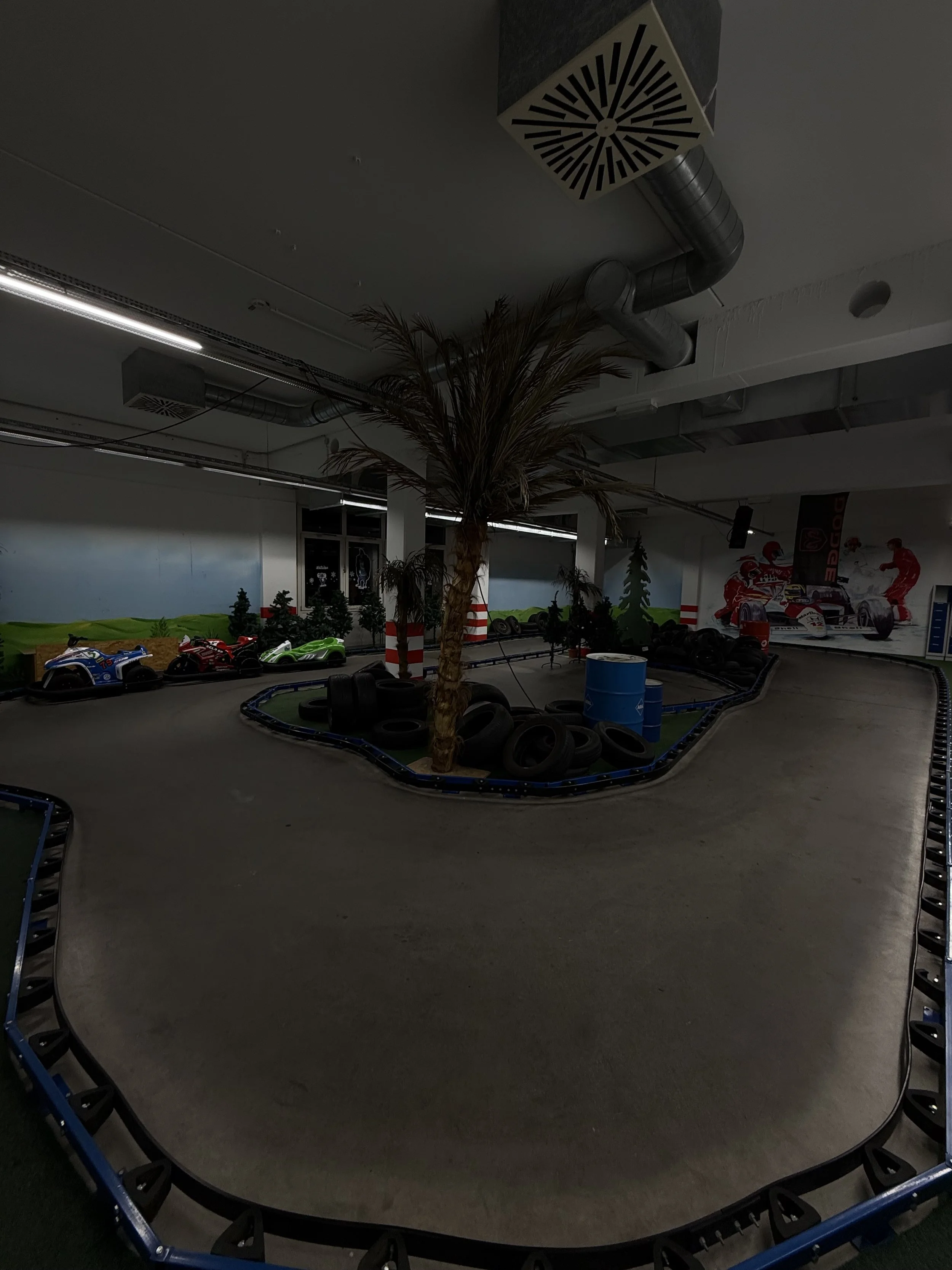 Innenansicht einer go-kartbahn mit einer künstlichen Palme in der Mitte, umgeben von Reifen und Barrieren, mit Rennmotiven an der Wand im Hintergrund.