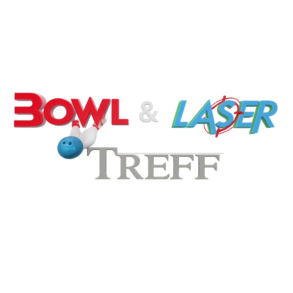 Grafik mit dem Text 'BOWL & LASER TREFF' in verschiedenen Farben und Schriftarten, mit einem blauen Bowlingkugel