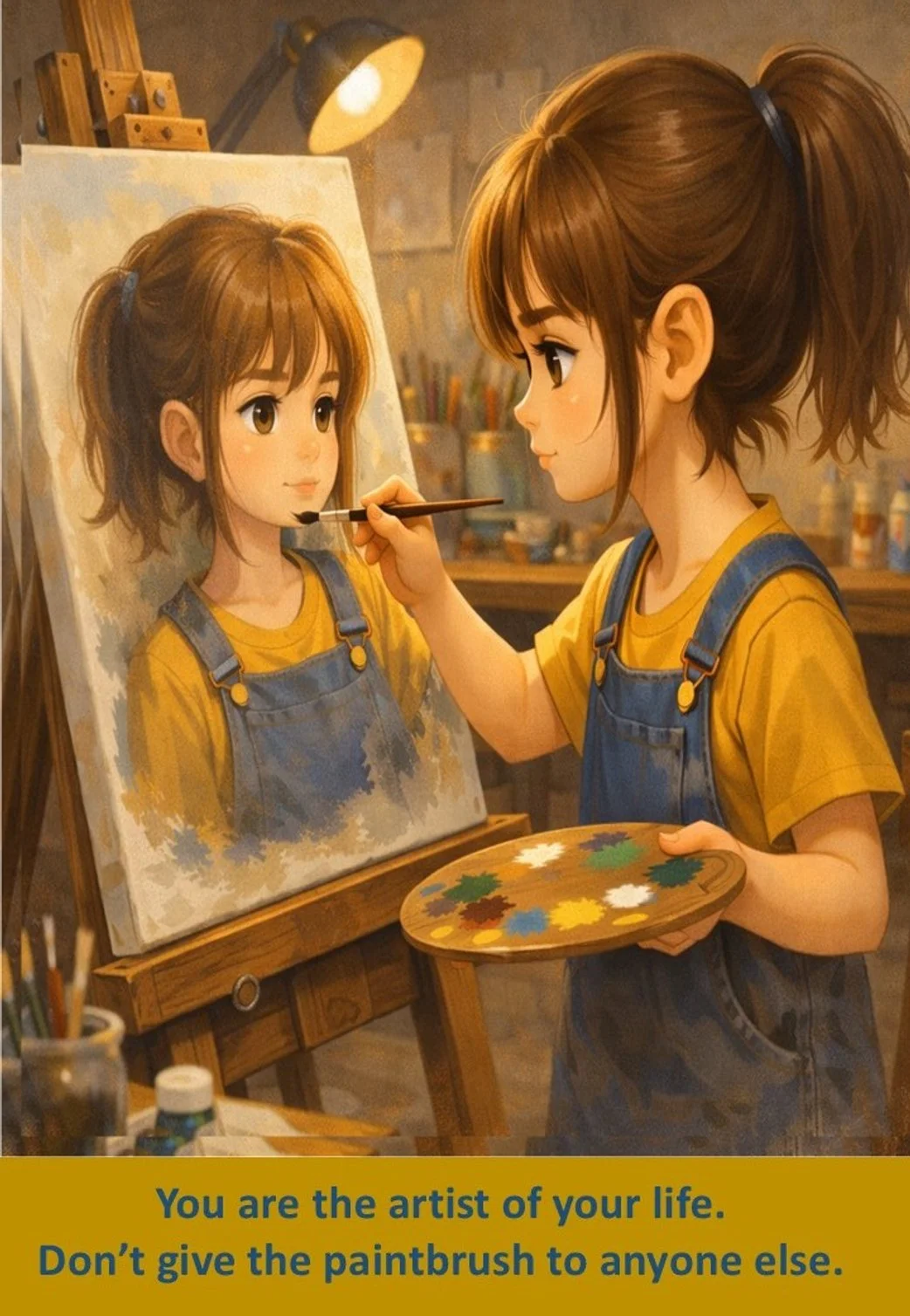 A girl with brown hair in a ponytail, wearing a yellow shirt and denim overalls, paints a portrait of herself on an easel. She holds a palette with various paint colors and is painting her face on the canvas, which shows a similar girl with brown hair and a yellow shirt.