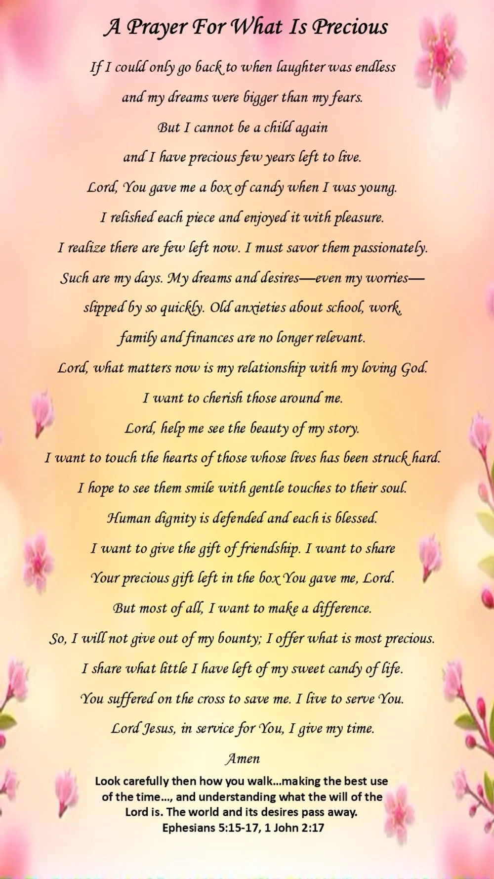 A prayer titled 'A Prayer For What Is Precious' with pink cherry blossom flowers on a soft pink and cream background.