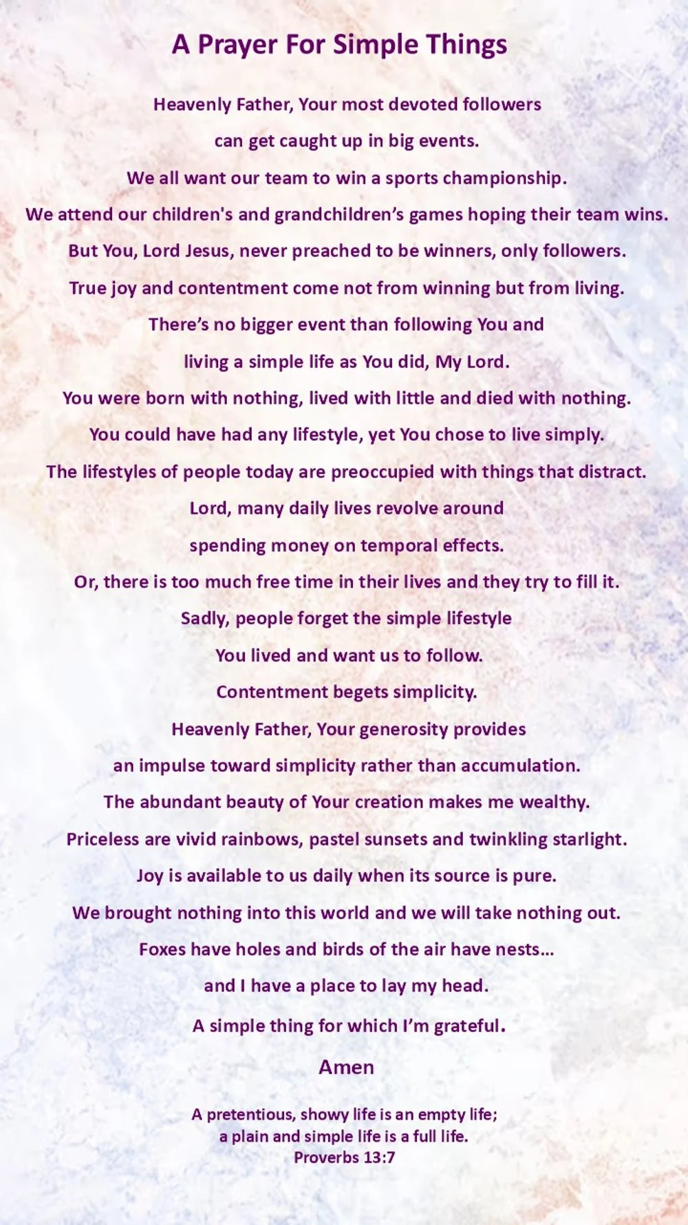 A prayer titled 'A Prayer For Simple Things' printed on a soft pastel background, expressing gratitude for life's simple moments, nature's beauty, and living a humble life.
