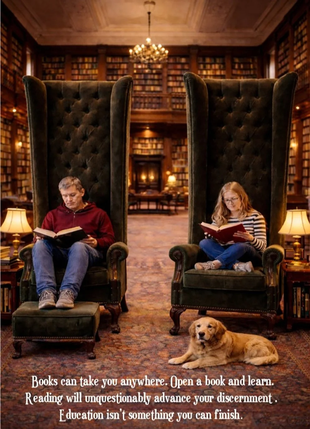 A cozy library with two oversized green velvet armchairs, a man and a girl reading books, a dog lying on the carpet, and warm lighting from lamps. Large bookshelves fill the background, and a chandelier hangs from the ceiling.