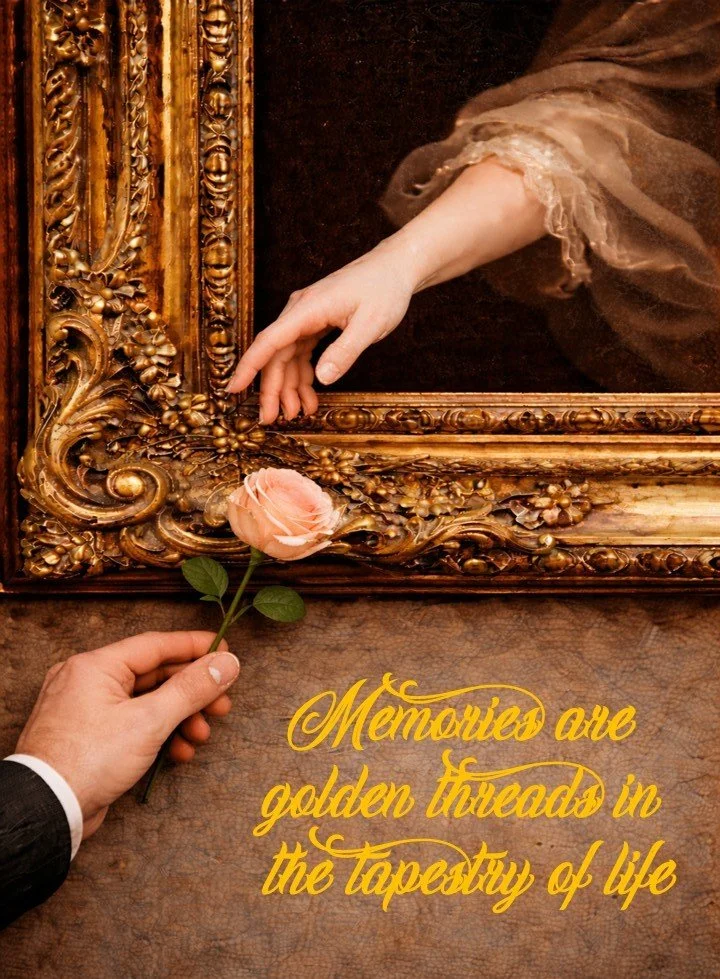 A hand holding a pink rose extends towards a gilded picture frame with a woman's hand reaching out from a painting. The painting depicts a woman with a sheer sleeve. The image features an inspirational quote in yellow cursive text: 'Memories are golden threads in the tapestry of life.'