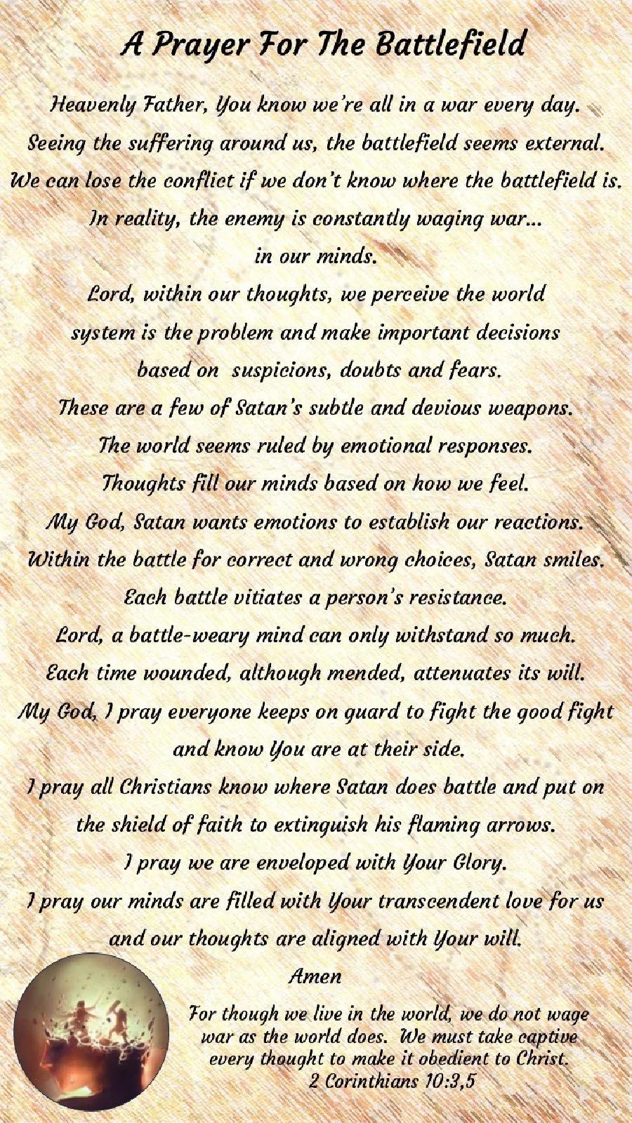 A prayer for spiritual strength and guidance titled 'A Prayer For The Battlefield' with text about mental struggles, faith, and warfare against evil, and includes a small image of a silhouette of soldiers with a sunset background.