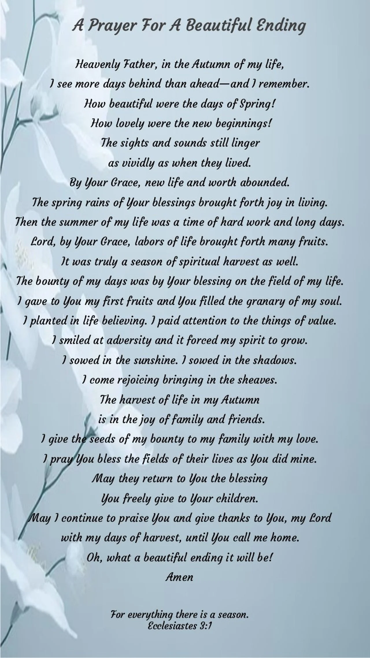 A prayer titled 'A Prayer For A Beautiful Ending' printed on a pale blue background with white flowers on the left side. The prayer reflects gratitude and hope for a blessed and joyful life.