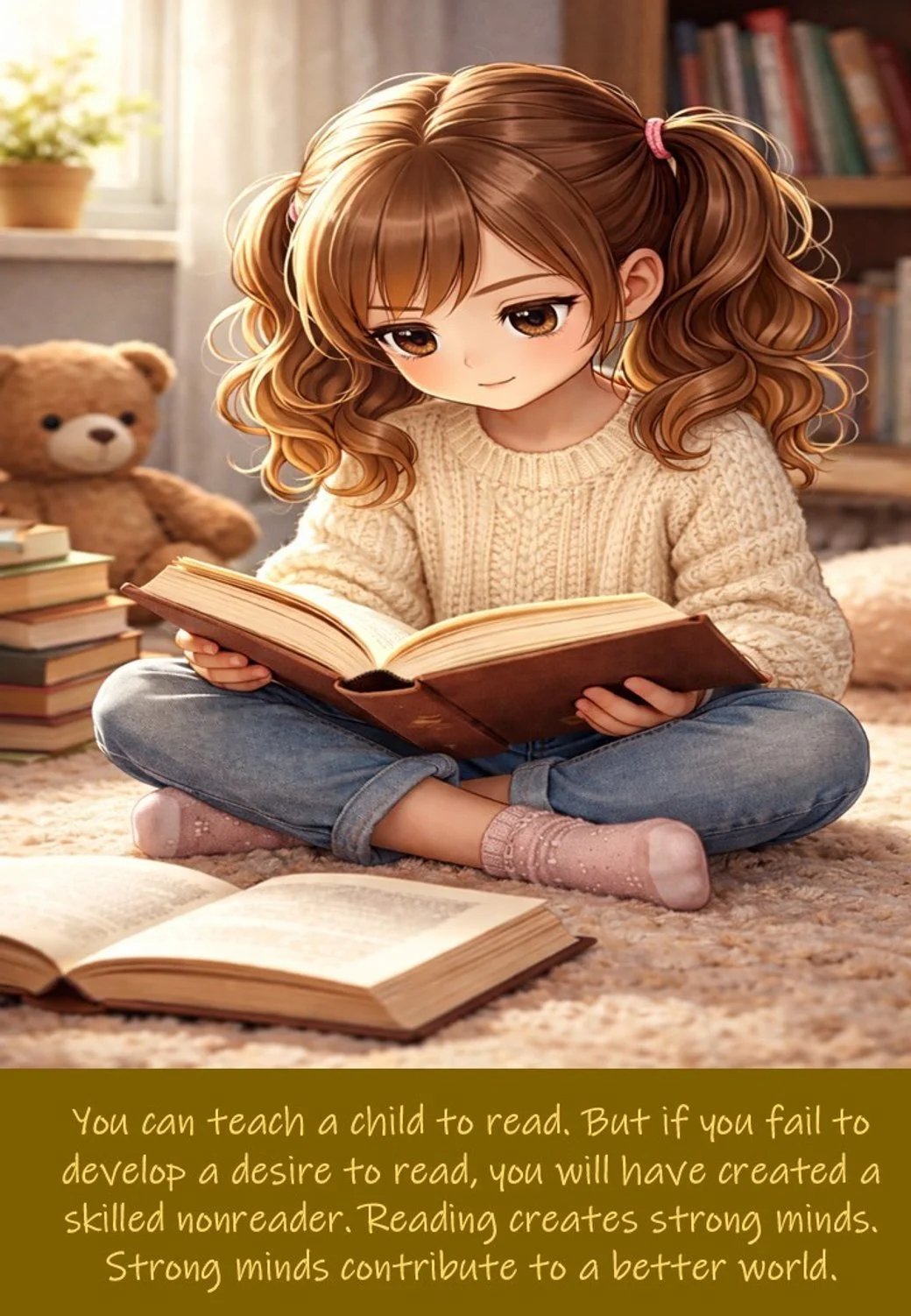 A young girl with curly brown hair in pigtails, wearing a cream knitted sweater and jeans, is sitting cross-legged on a carpeted floor, reading a book. Behind her is a teddy bear and a bookshelf filled with books, with sunlight coming through a window. A message at the bottom reads: "You can teach a child to read. But if you fail to develop a desire to read, you will have created a skilled nonreader. Reading creates strong minds. Strong minds contribute to a better world."