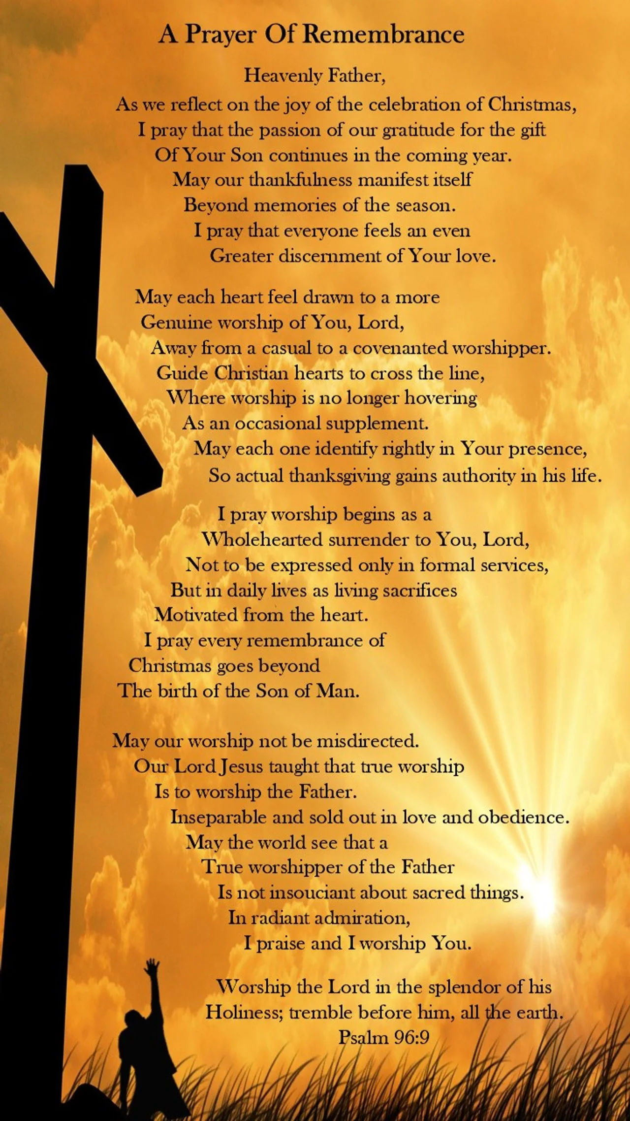 A religious prayer titled 'A Prayer Of Remembrance' with a cross silhouette and a kneeling person in grass at sunset, with a golden sky and clouds.